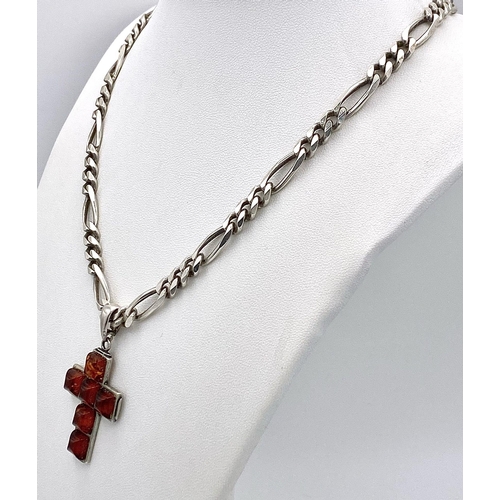 533 - A Vintage Amber Cross Silver Pendant on a 925 Figaro Link Silver Chain. 4cm pendant and 54cm necklac... 