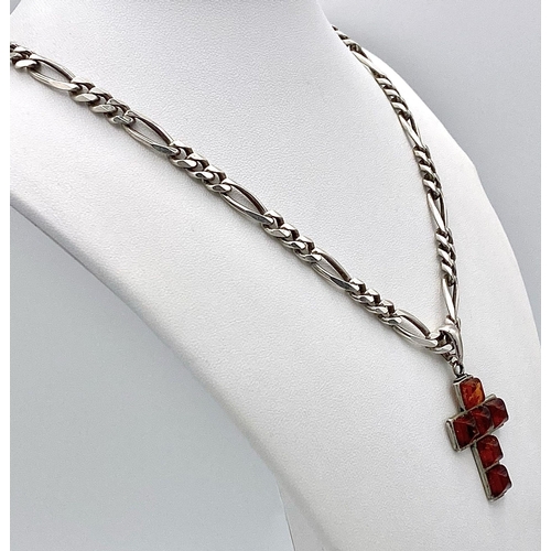 533 - A Vintage Amber Cross Silver Pendant on a 925 Figaro Link Silver Chain. 4cm pendant and 54cm necklac... 