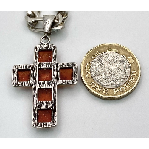 533 - A Vintage Amber Cross Silver Pendant on a 925 Figaro Link Silver Chain. 4cm pendant and 54cm necklac... 