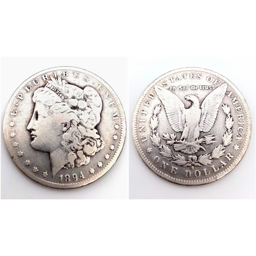 725 - A Rare 1894S Morgan Silver Dollar (San Francisco Mint). Clear Detail. 28.18 Grams