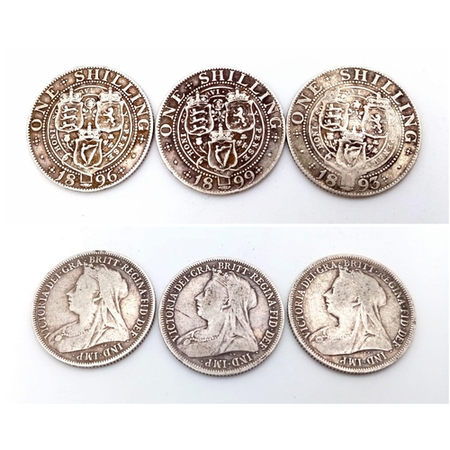 873 - Three Very Good to Fine Queen Victoria Silver Shillings Dates 1893, 1896 & 1899. Gross Weight 16.71 ... 