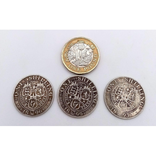 873 - Three Very Good to Fine Queen Victoria Silver Shillings Dates 1893, 1896 & 1899. Gross Weight 16.71 ... 