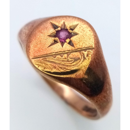 898 - A Vintage 9K Rose Gold Ruby Signet Ring. Size M. 3.31g weight.