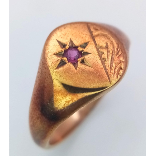 898 - A Vintage 9K Rose Gold Ruby Signet Ring. Size M. 3.31g weight.