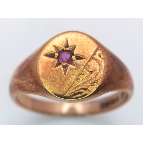 898 - A Vintage 9K Rose Gold Ruby Signet Ring. Size M. 3.31g weight.