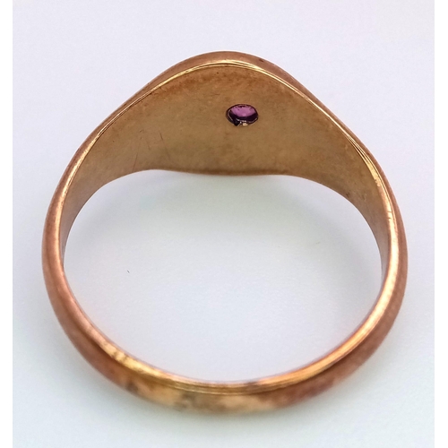 898 - A Vintage 9K Rose Gold Ruby Signet Ring. Size M. 3.31g weight.