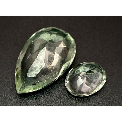 999 - Two Green Amethysts, Pear & Oval Cut, 2 & 1cm Lengths. 9.41 Carats Total.