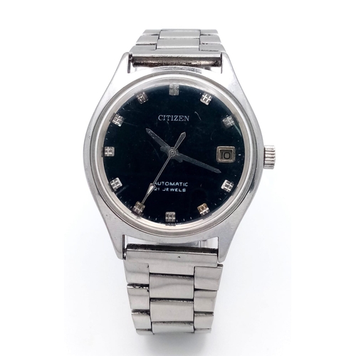 1083 - A Vintage Citizen Automatic 21 Jewels Gents Watch. Stainless steel bracelet and case - 35mm. Black d... 