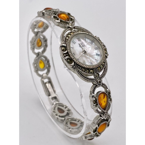 1090 - A Vintage Ladies Amber and Marcasite Set Bracelet Watch by Past Times. 25mm Including Crown. Full Wo... 