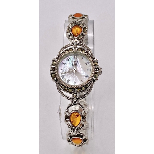 1090 - A Vintage Ladies Amber and Marcasite Set Bracelet Watch by Past Times. 25mm Including Crown. Full Wo... 