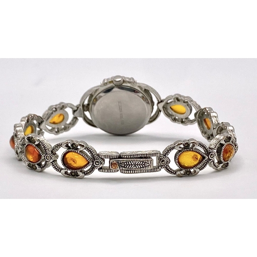 1090 - A Vintage Ladies Amber and Marcasite Set Bracelet Watch by Past Times. 25mm Including Crown. Full Wo... 