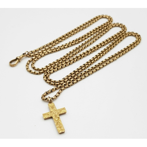 1201 - An Antique 9K Yellow Gold Long Albert Chain with a 9K Gold Cross Pendant. 156cm chain length. Cross ... 