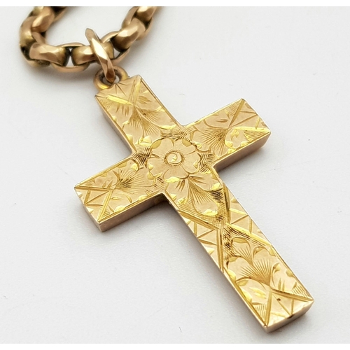 1201 - An Antique 9K Yellow Gold Long Albert Chain with a 9K Gold Cross Pendant. 156cm chain length. Cross ... 