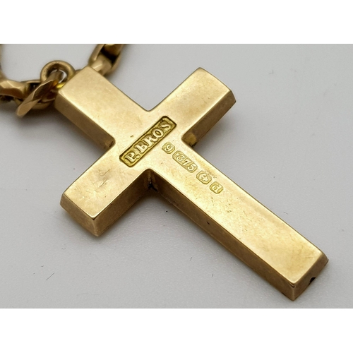 1201 - An Antique 9K Yellow Gold Long Albert Chain with a 9K Gold Cross Pendant. 156cm chain length. Cross ... 