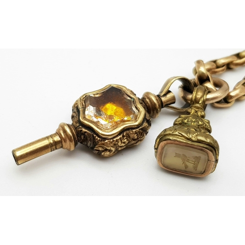 248 - An Outstanding Antique 9k Rose Gold Albert Chain - With 9k gold onyx and citrine key and a 9k gold F... 