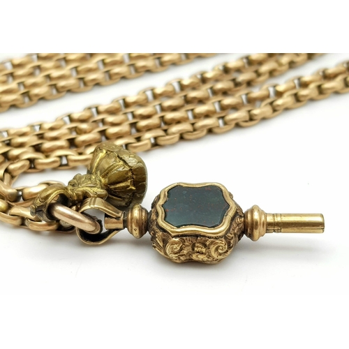 248 - An Outstanding Antique 9k Rose Gold Albert Chain - With 9k gold onyx and citrine key and a 9k gold F... 