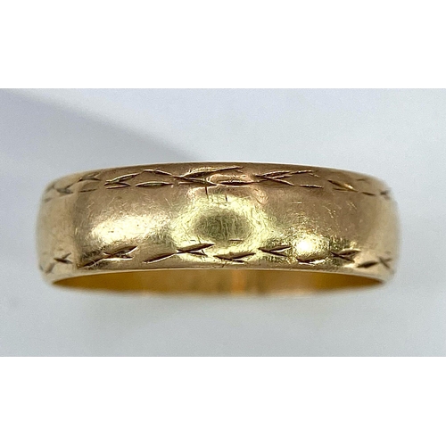 513 - A Vintage 9K Yellow Gold Band Ring. 5mm width. Size K. 1.9g weight. Full UK hallmarks.