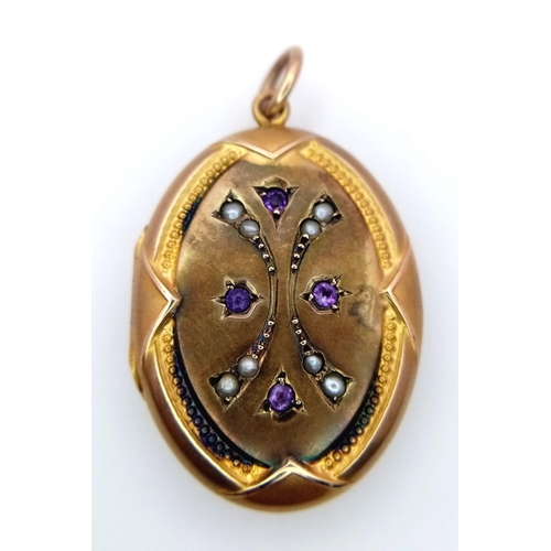 519 - An Antique 9K Yellow Gold (front and back) Picture Locket - Seed pearl and amethyst decoration. 4cm.... 