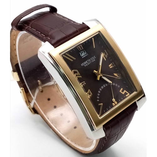 767 - A New (Ex Display) Kenneth Cole, New York Tank Style Watch ‘Reaction’ Model. Two Tone Case, Brown Le... 