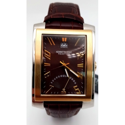 767 - A New (Ex Display) Kenneth Cole, New York Tank Style Watch ‘Reaction’ Model. Two Tone Case, Brown Le... 