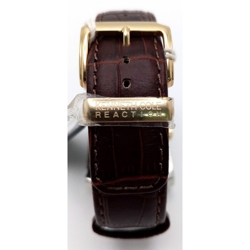 767 - A New (Ex Display) Kenneth Cole, New York Tank Style Watch ‘Reaction’ Model. Two Tone Case, Brown Le... 