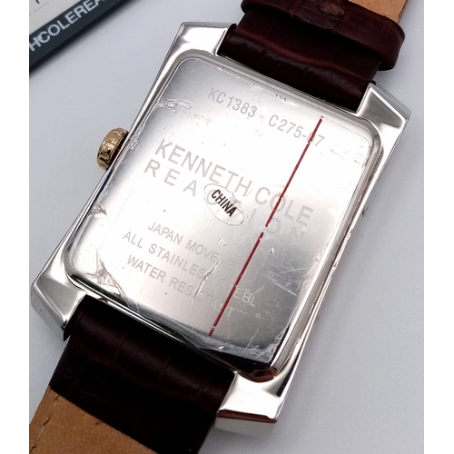 767 - A New (Ex Display) Kenneth Cole, New York Tank Style Watch ‘Reaction’ Model. Two Tone Case, Brown Le... 