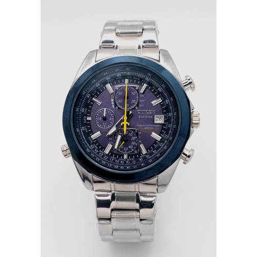 913 - A Citizen Eco Drive Chronograph Gents Watch. Stainless steel bracelet and case - 45mm. Blue dial wit... 