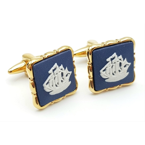 985 - An Unworn Pair of Square Gold Tone Sir France Drake’s Ship ‘Golden Hind’ Blue Jasper Cufflinks by We... 