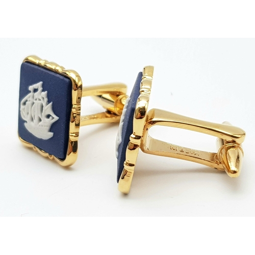 985 - An Unworn Pair of Square Gold Tone Sir France Drake’s Ship ‘Golden Hind’ Blue Jasper Cufflinks by We... 