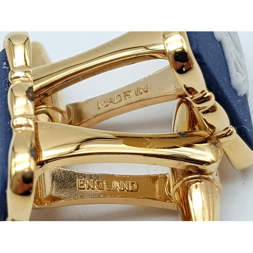 985 - An Unworn Pair of Square Gold Tone Sir France Drake’s Ship ‘Golden Hind’ Blue Jasper Cufflinks by We... 