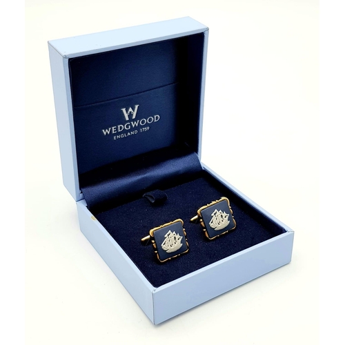 985 - An Unworn Pair of Square Gold Tone Sir France Drake’s Ship ‘Golden Hind’ Blue Jasper Cufflinks by We... 