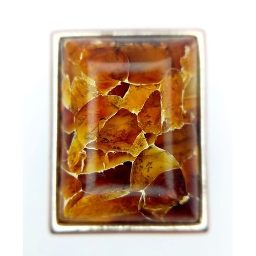 1167 - A Vintage and Unique Sterling Silver Mosaic Effect Amber Set Ring Size P. Crown Measures 2.3cm Lengt... 