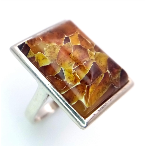 1167 - A Vintage and Unique Sterling Silver Mosaic Effect Amber Set Ring Size P. Crown Measures 2.3cm Lengt... 