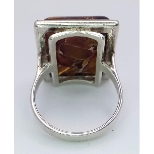 1167 - A Vintage and Unique Sterling Silver Mosaic Effect Amber Set Ring Size P. Crown Measures 2.3cm Lengt... 