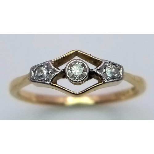 559 - A Vintage or older Art Deco Design 18 Carat Yellow Gold and Platinum Diamond Trilogy Ring Size M. Se... 