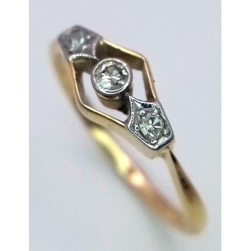 559 - A Vintage or older Art Deco Design 18 Carat Yellow Gold and Platinum Diamond Trilogy Ring Size M. Se... 