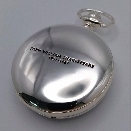 852 - An Unused Manual Wind Silver Plated Pocket Watch Detailing the Famous Steam Train ‘The William Shake... 