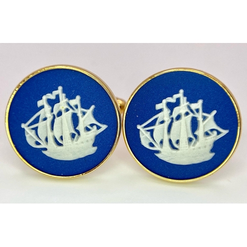 992 - An Unworn Pair of Round Gold Tone Galleon Ship Blue Jasper Cufflinks by Wedgwood. 2cm Diameter in Th... 