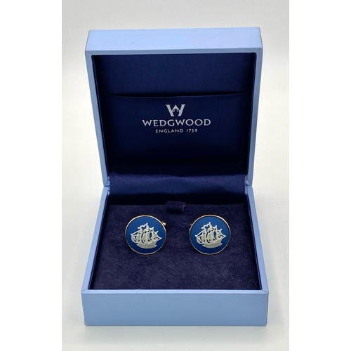 992 - An Unworn Pair of Round Gold Tone Galleon Ship Blue Jasper Cufflinks by Wedgwood. 2cm Diameter in Th... 