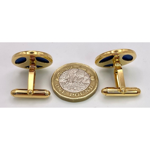 992 - An Unworn Pair of Round Gold Tone Galleon Ship Blue Jasper Cufflinks by Wedgwood. 2cm Diameter in Th... 