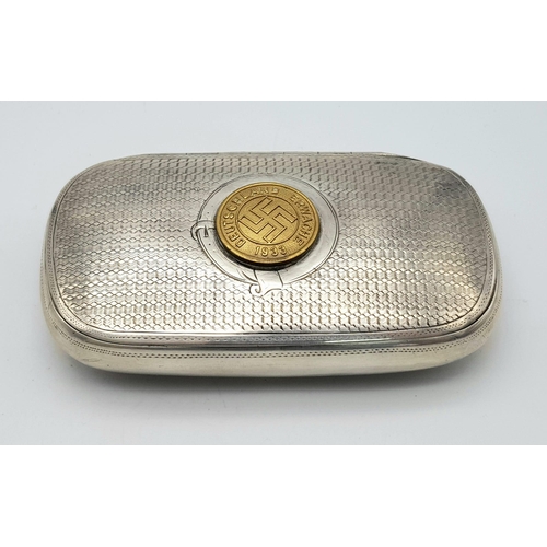 342 - A WW2 German .800 Silver Tobacco/Snuff Case with Gold Plated “Germany Awake” Lapel Pin Soldiered ont... 