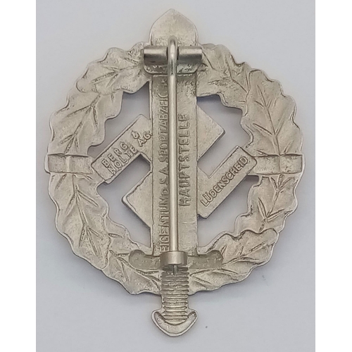 406 - A 3rd Reich 1st Pattern Silver Grade SA Sports Badge. Maker marked: Berg & Nolte.