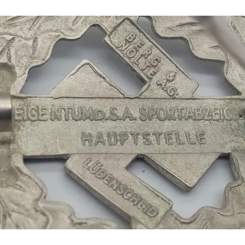 406 - A 3rd Reich 1st Pattern Silver Grade SA Sports Badge. Maker marked: Berg & Nolte.