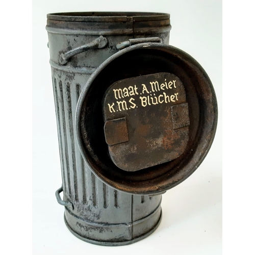 427 - WW2 German Kriegsmarine Gas Mask Canister. Names to a sailor on SMS Blücher. The Blücher was the sec... 