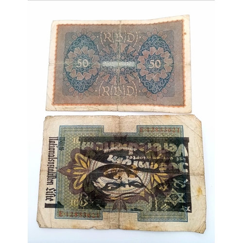 1078 - 2 x 3rd Reich Anti Semitic Inflation Money Bank Notes. A real bank note that has been over printed w... 