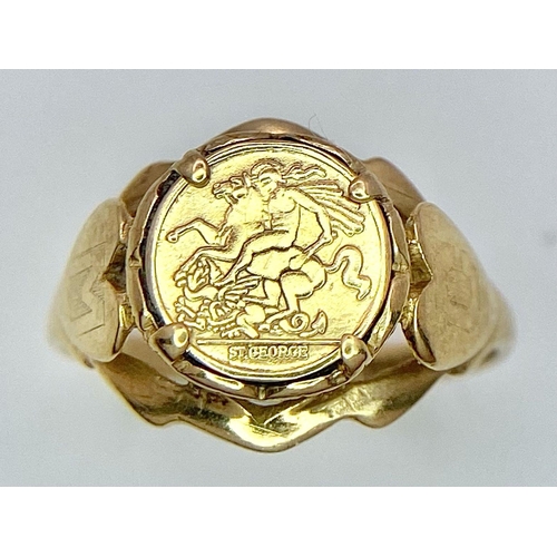 1377 - A Vintage 9K Yellow Gold St. George Ring. Size I. 1.85g weight.