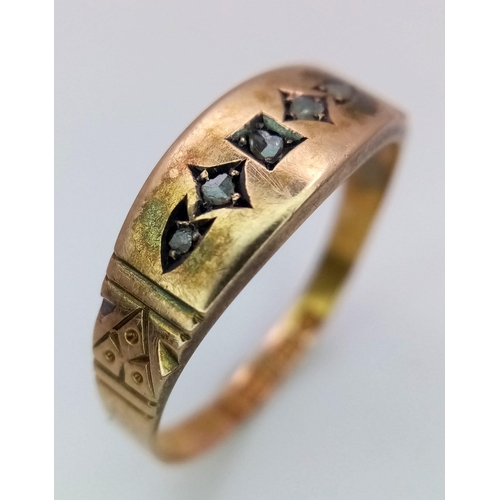 202 - A Wonderful Antique Chester 15K Yellow Gold Ring. Five very old cut diamonds. Size Q. 1.55g total we... 