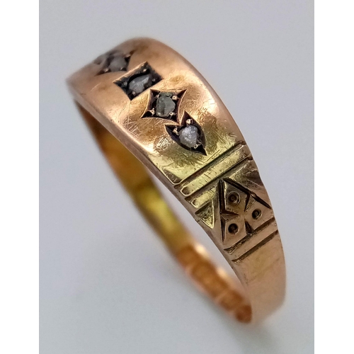 202 - A Wonderful Antique Chester 15K Yellow Gold Ring. Five very old cut diamonds. Size Q. 1.55g total we... 