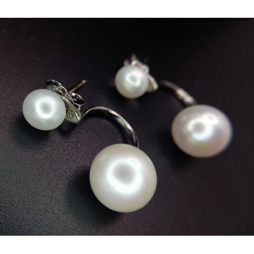 908 - An Unworn Pair of Sterling Silver Double Pearl Set Earrings in Treasure Chest Presentation Box. Larg... 