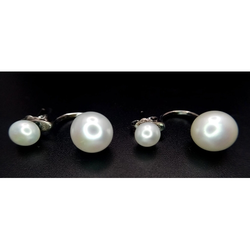 908 - An Unworn Pair of Sterling Silver Double Pearl Set Earrings in Treasure Chest Presentation Box. Larg... 